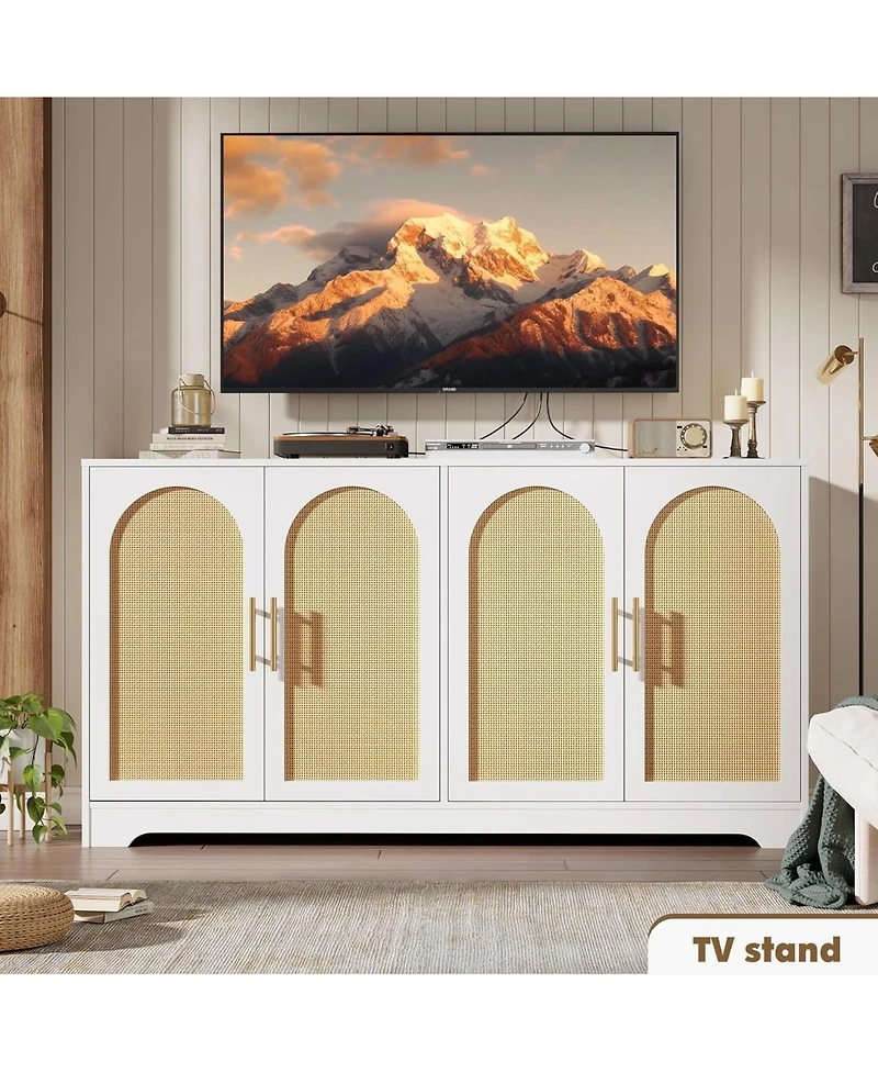 gaomon Modern Console Table Storage with 2 Rattan Doors and Shelves