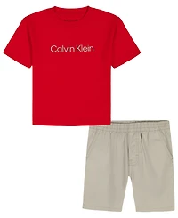 Calvin Klein Toddler and Little Boys' 2T-7 Relaxed Logo T-shirt Cotton Poplin Shorts, 2-Piece Set
