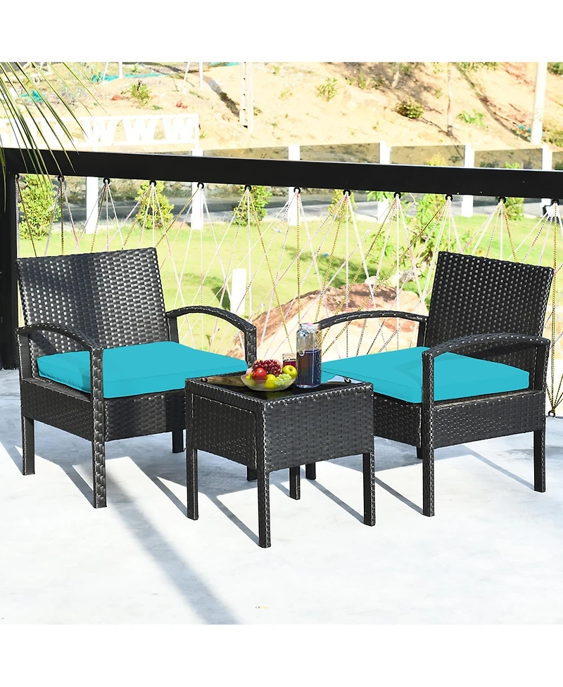 3PCS Patio Rattan Furniture Set Coffee Table and Chairs Set with Seat Cushions Garden