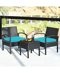 3PCS Patio Rattan Furniture Set Coffee Table and Chairs Set with Seat Cushions Garden