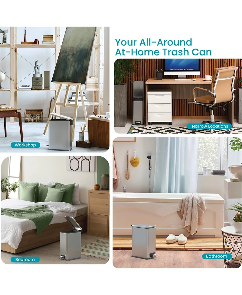 Home Zone Living 3 Gallon Slim Stainless Steel Trash Can with Soft Close Lid and Removable Liner