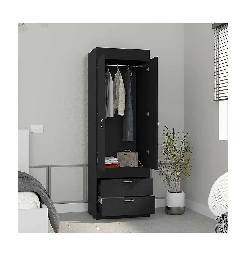 Flynama Black Wengue Finish Tarento Armoire with 2 Drawers Double Door Cabinet Hanging Rod