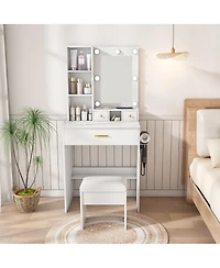 flynama Space Saving Small Led Vanity Table with Basic Standard Mirror White and Cushioned Stool