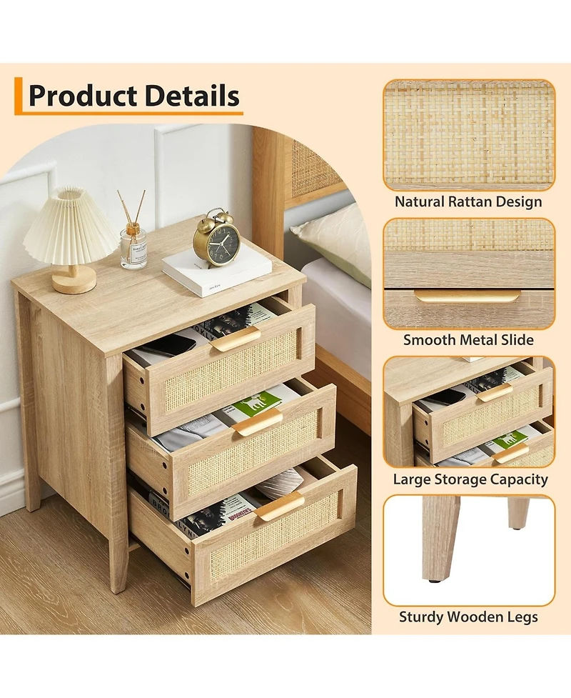 gaomon rattan nightstand with 3 drawers and a storage shelf, boho bedside table with sturdy wood legs, ideal for kids' rooms or farmhouse bedrooms.
