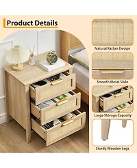 gaomon rattan nightstand with 3 drawers and a storage shelf, boho bedside table with sturdy wood legs, ideal for kids' rooms or farmhouse bedrooms.