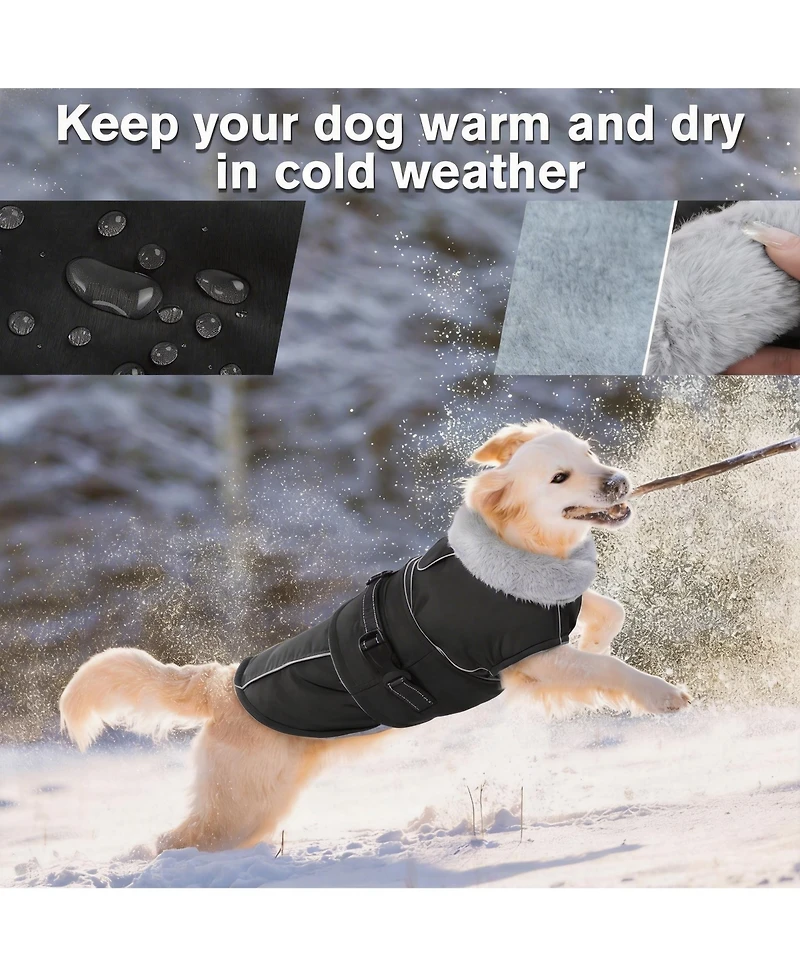 Aronkl Reflective Waterproof Dog Jacket with Fur Collar & Adjustable Buckle for Cold Weather