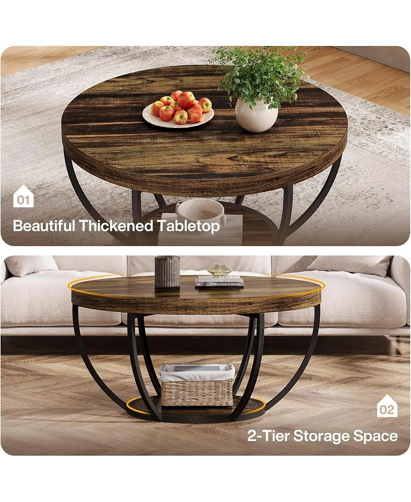 Tribesigns Round Coffee Table, Industrial 2-Tier Circle Coffee Table, Modern 31.7" Wooden Accent Center Table for Living Room, Home Office