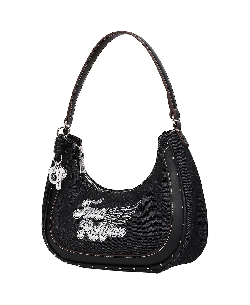 True Religion Wing Motif Denim Hobo Bag with Red Trim