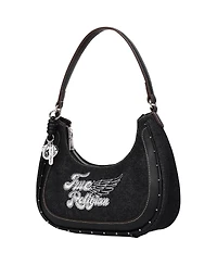 True Religion Wing Motif Denim Hobo Bag with Red Trim
