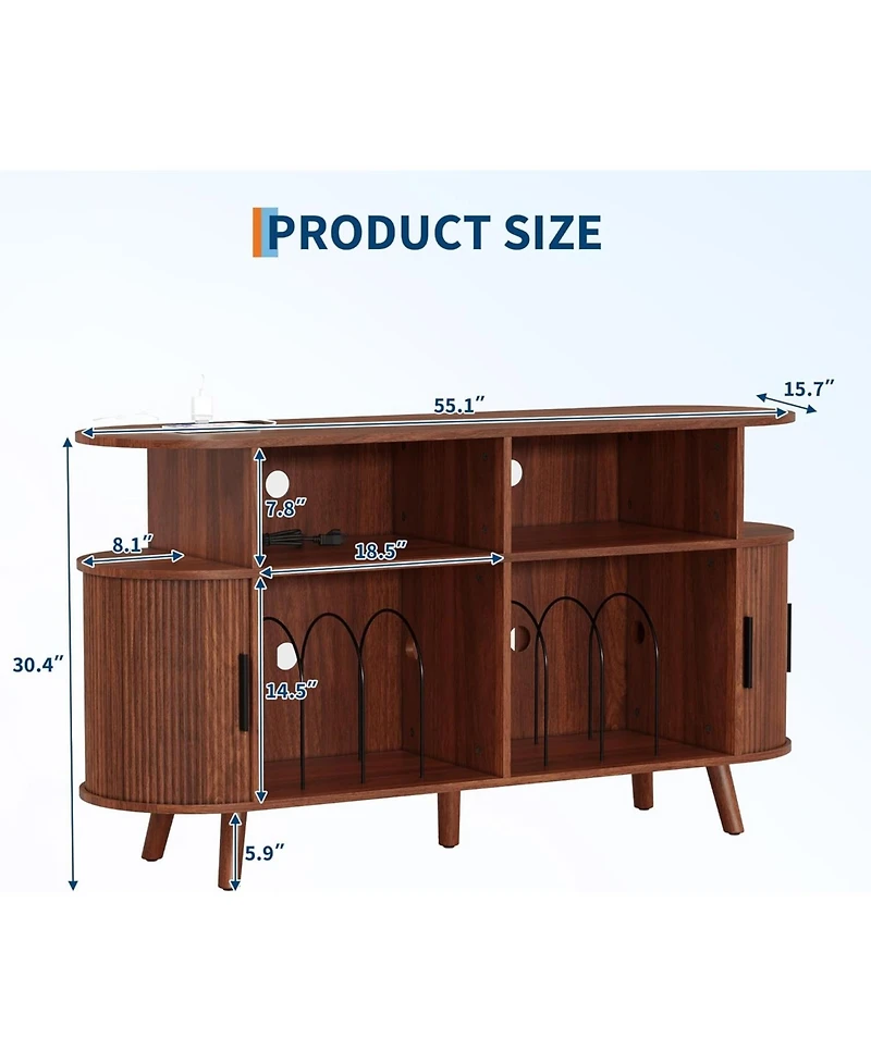 gaomon 55" Fluted Mid-Century Modern Turntable Cabinet with Vinyl Storage & Round Record Stand