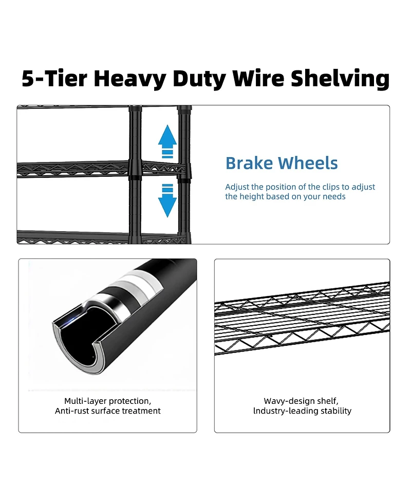 Rainsken 5-Tier Storage Shelves, Heavy Duty Metal Wire Shelving Unit, Adjustable Shelving Rack with Wheels for Basement, Warehouse