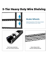 Rainsken 5-Tier Storage Shelves, Heavy Duty Metal Wire Shelving Unit, Adjustable Shelving Rack with Wheels for Basement, Warehouse