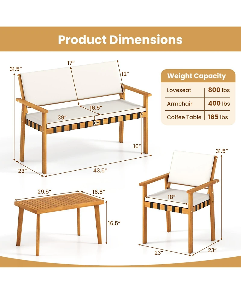 Gymax Set of 4 Wood Furniture Set w/Coffee Table Seat Back Cushions for Backyard Porch