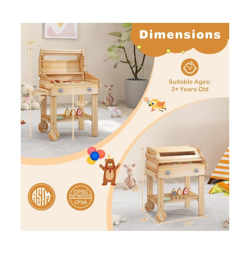 Hongge Kids Wooden Barbecue Grill Playset Pretend Kitchen with Food and Wheels