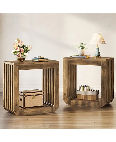 Tribesigns Side Table Set of 2, Farmhouse Narrow End Table with Slatted Open Frame, Wooden Rustic Accent Sofa Side Table