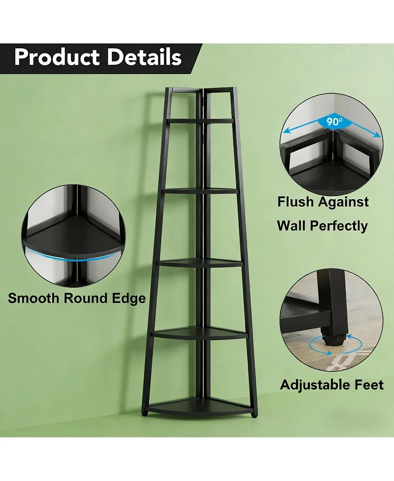 Rainsken 5-Tier Tall Corner Shelf, Ladder Display Shelf, Industrial Storage Organizer with 5 Open Shelves for Living Room, Home Office