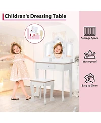 gaomon Kids Vanity Table and Chair Set with 3 Mirrors, Led Light & Drawer, Wooden Makeup Set
