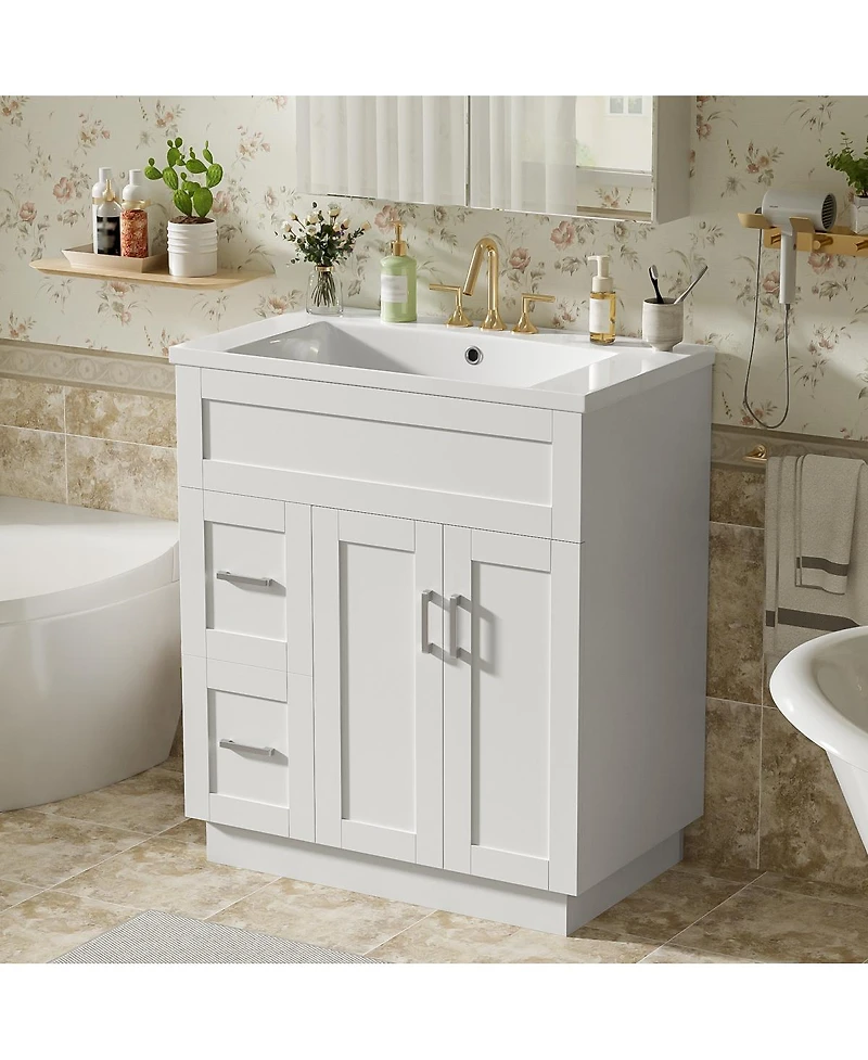 Sillysis 30" Modern White Bathroom Vanity with Smc Resin Sink, Soft Close Drawers & Adjustable Shelves for Small Spaces
