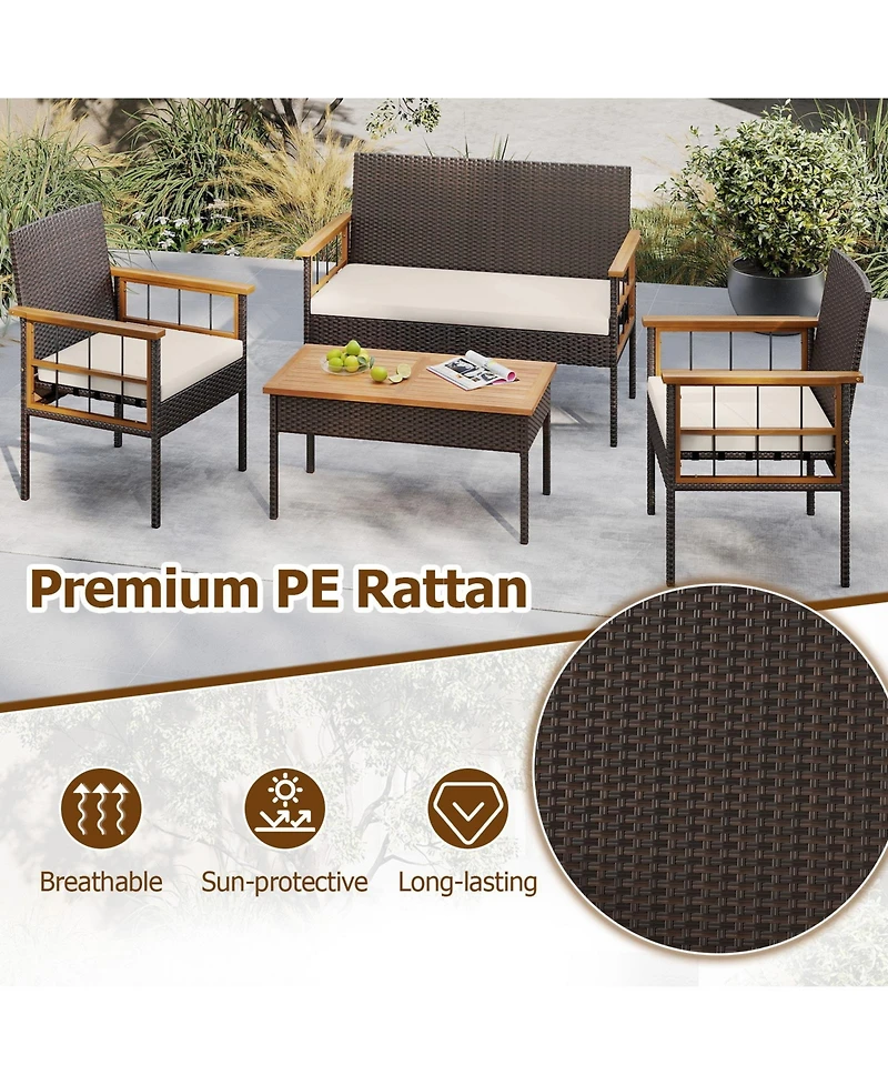 Gymax Set of 4 Wicker Furniture Set w/Acacia Wood Tabletop Armrests Cushions for Backyard