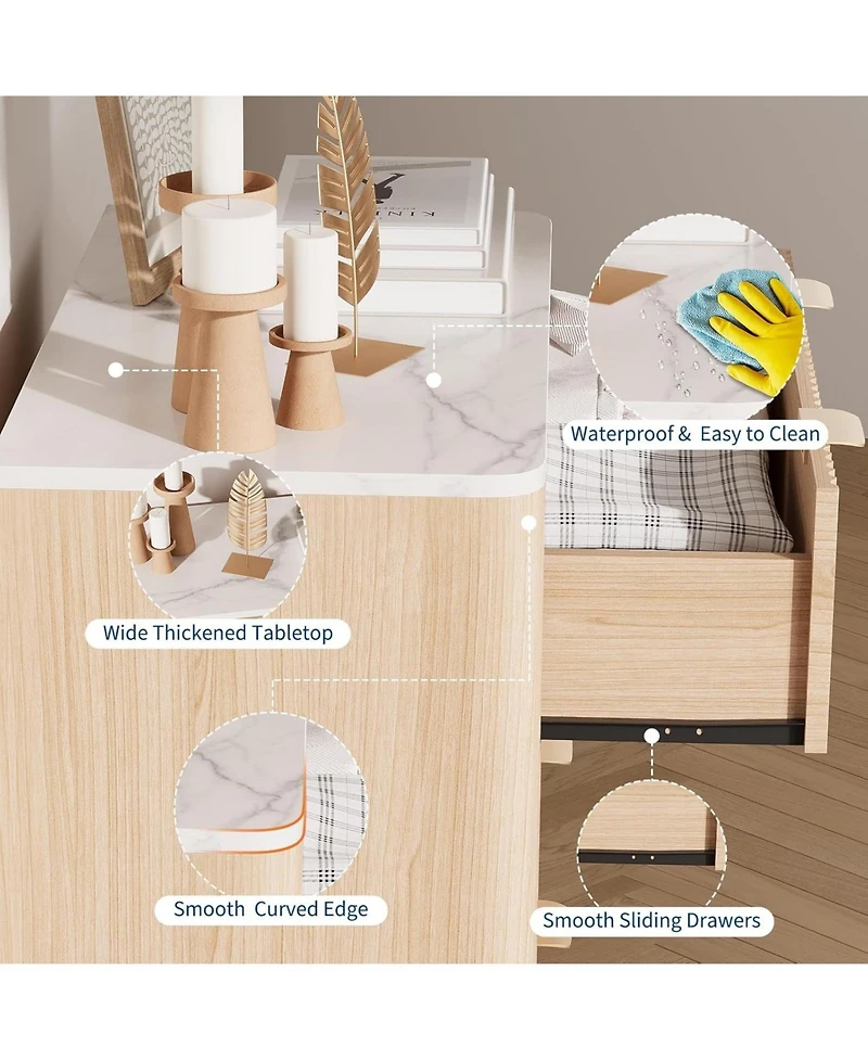 gaomon 32" Width Fluted Nightstand Set of 2, Modern 3 Drawer Bedside Table with Faux Marble Top, Wood Chest of Bedside Table with Curved Profile