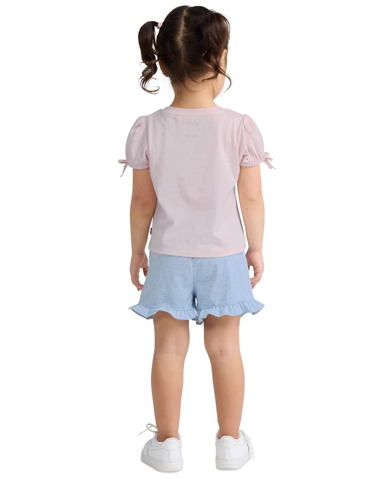 Levi's Girls' Toddler 2T-4T Bow Sleeve T-Shirt and Belted Shorts, 2-Piece Set