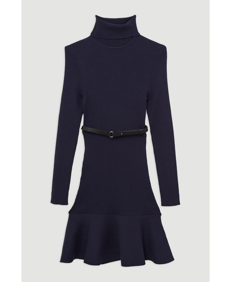 Karen Millen Women's Roll Neck Belted Flippy Hem Mini Dress