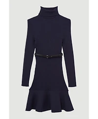 Karen Millen Women's Roll Neck Belted Flippy Hem Mini Dress