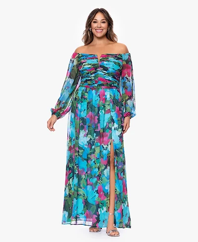 Xscape Plus Off-The-Shoulder Long-Sleeve Printed Gown