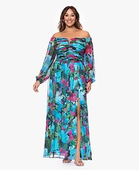 Xscape Plus Off-The-Shoulder Long-Sleeve Printed Gown