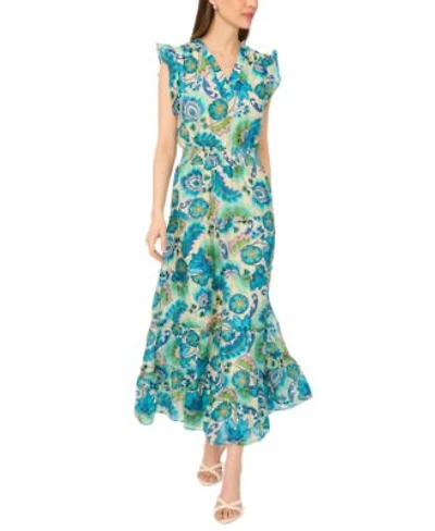 Msk Womens Flutter Sleeve Smocked Waist V Neck Maxi Dress