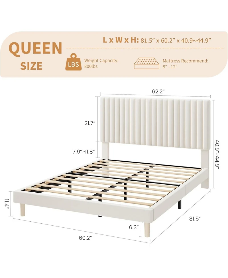 gaomon Upholstered Platform Bed Frame Vertical Channel Tufted Adjustable Headboard, Strong Wooden Slats Support