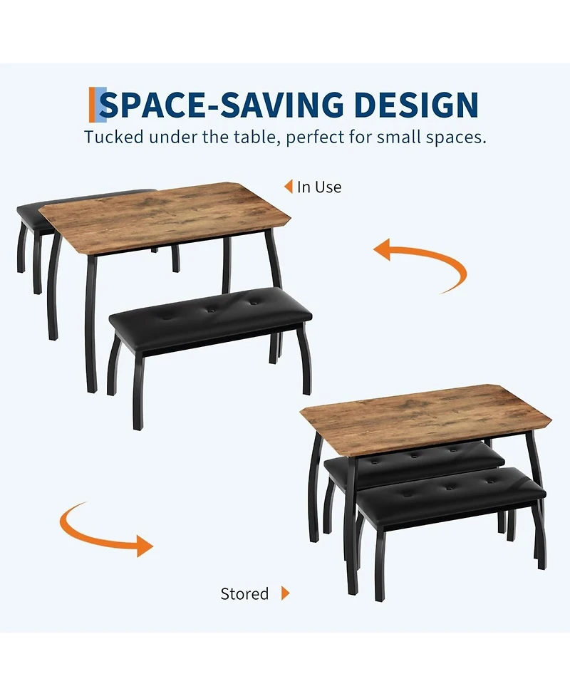 gaomon 3-Piece Wooden Dining Table Set with 2 Upholstered Benches, Retro Brown