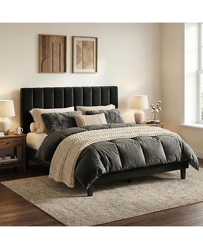 gaomon Queen Bed Frame, Velvet Upholstered Platform with Adjustable Vertical Channel Tufted Headboard, No Box Spring Needed, Easy Assembly