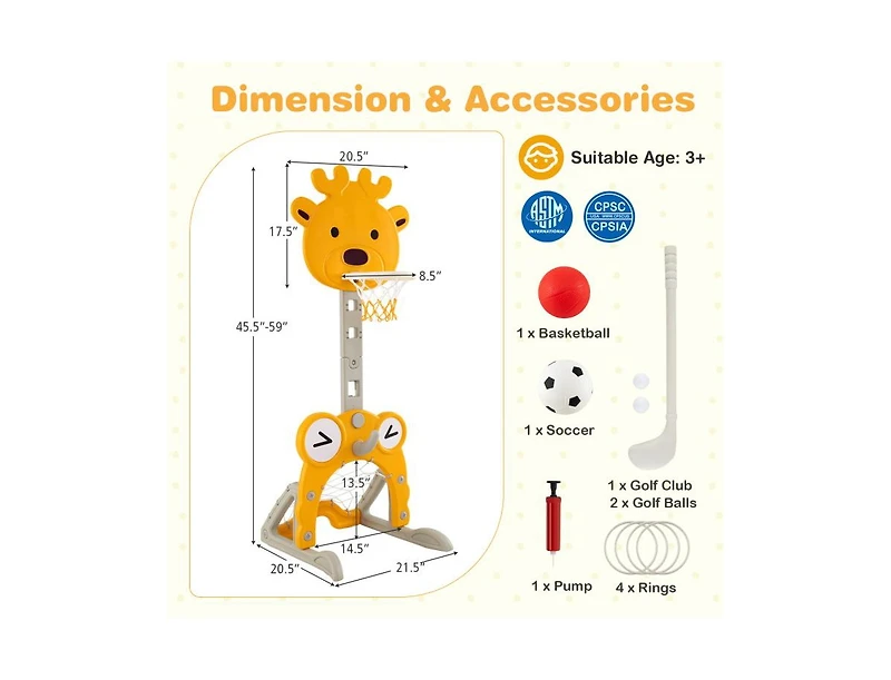 Hongge 4-in-1 Toddler Height Adjustable Basketball Hoop with Ring Toss for 3+ Kids