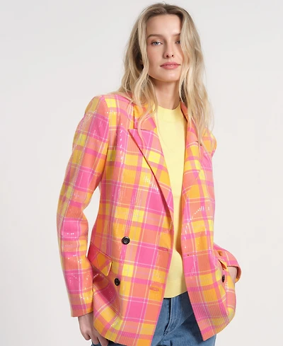 Isaac Mizrahi Women's Long-Sleeve Plaid Sequin Blazer