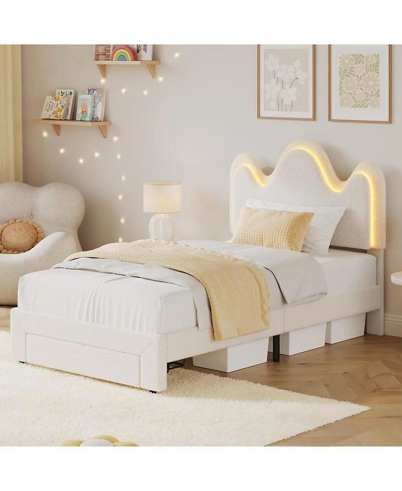 gaomon Bed Frame Adjustable Upholstered Headboard Storage Drawers Boucle Lamb Fleece Led Kids Bed Wood Slats