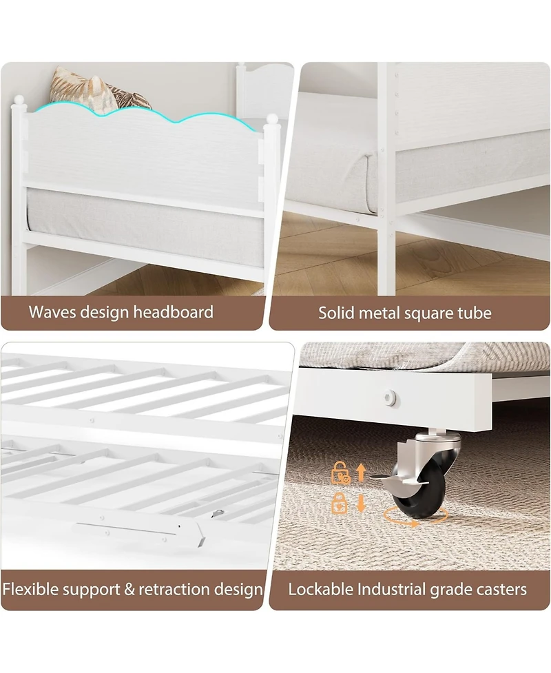 gaomon Daybed with Trundle, Twin Size Day Bed with Metal Slat Support & Lockable Casters, Wavy Headboard with Wood Grain, Space-Saving Sofa Bed