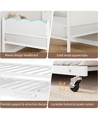 gaomon Daybed with Trundle, Twin Size Day Bed with Metal Slat Support & Lockable Casters, Wavy Headboard with Wood Grain, Space-Saving Sofa Bed