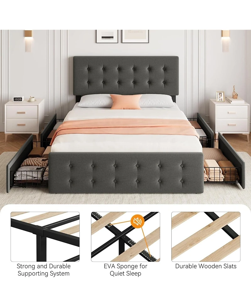 gaomon Full Bed Frame With 4 Drawers Linen Upholstered Headboard Button Design Wood Slats No Box Spring Light