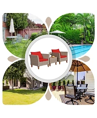 Gymax 3PCS Rattan Patio Conversation Furniture Set w/ Wooden Feet Cushions