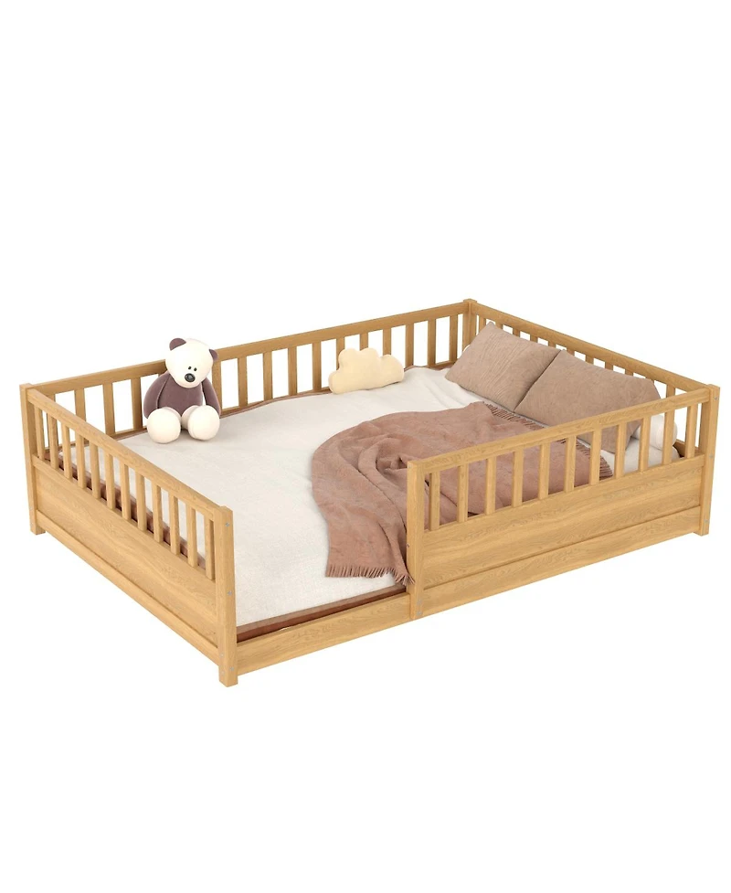 Streamdale Furniture Streamdale Full Size Floor Bed with Security Barrier and Door, Montessori Wooden Frame