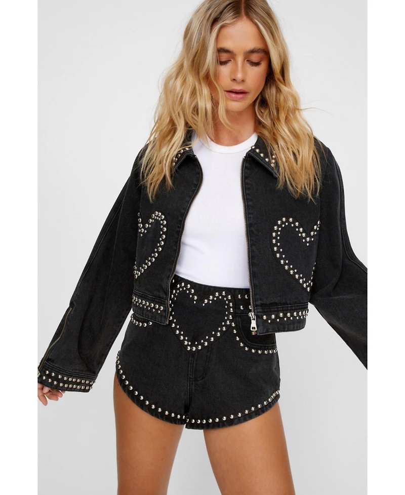 Nasty Gal Women's Heart Studded Cropped Denim Jacket