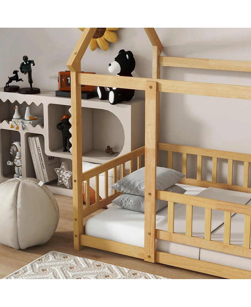 Streamdale Furniture Streamdale Twin Size House Floor Bed with Roof Frame & Guardrails