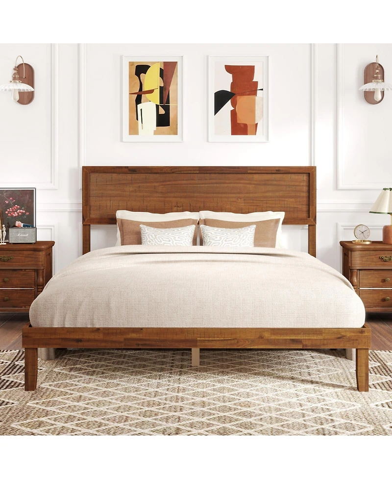 Sugift Platform Bed Frame with Headboard and Wooden Slat Support