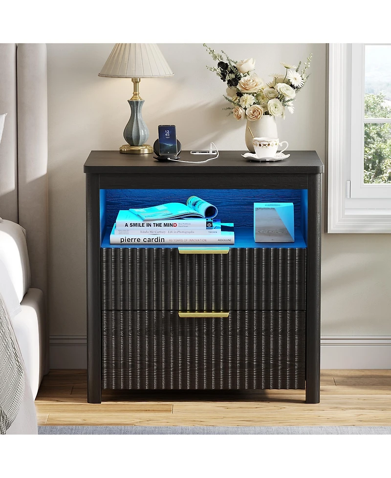 Vlsrka 24" Modern Led Nightstand with 3 Drawers and Charging Station
