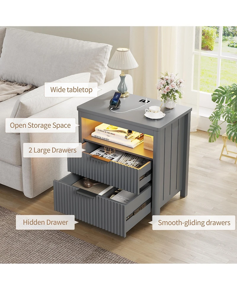 Vlsrka 24" Modern Led Nightstand with 3 Drawers and Charging Station