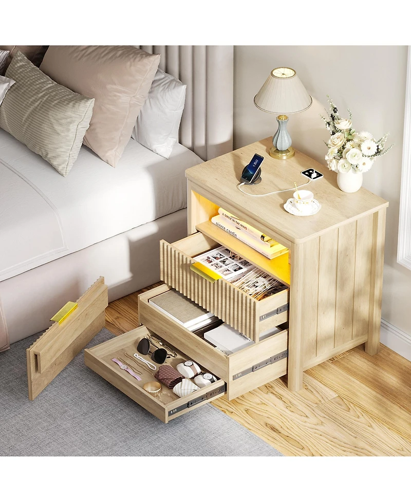 Vlsrka 24" Modern Led Nightstand with 3 Drawers and Charging Station