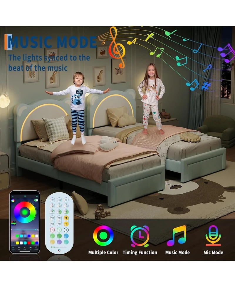 gaomon Twin Xl Upholstered Bed Frame Adjustable Headboard and Smart Led Platform Storage Drawer Wood Slats No Box Spring