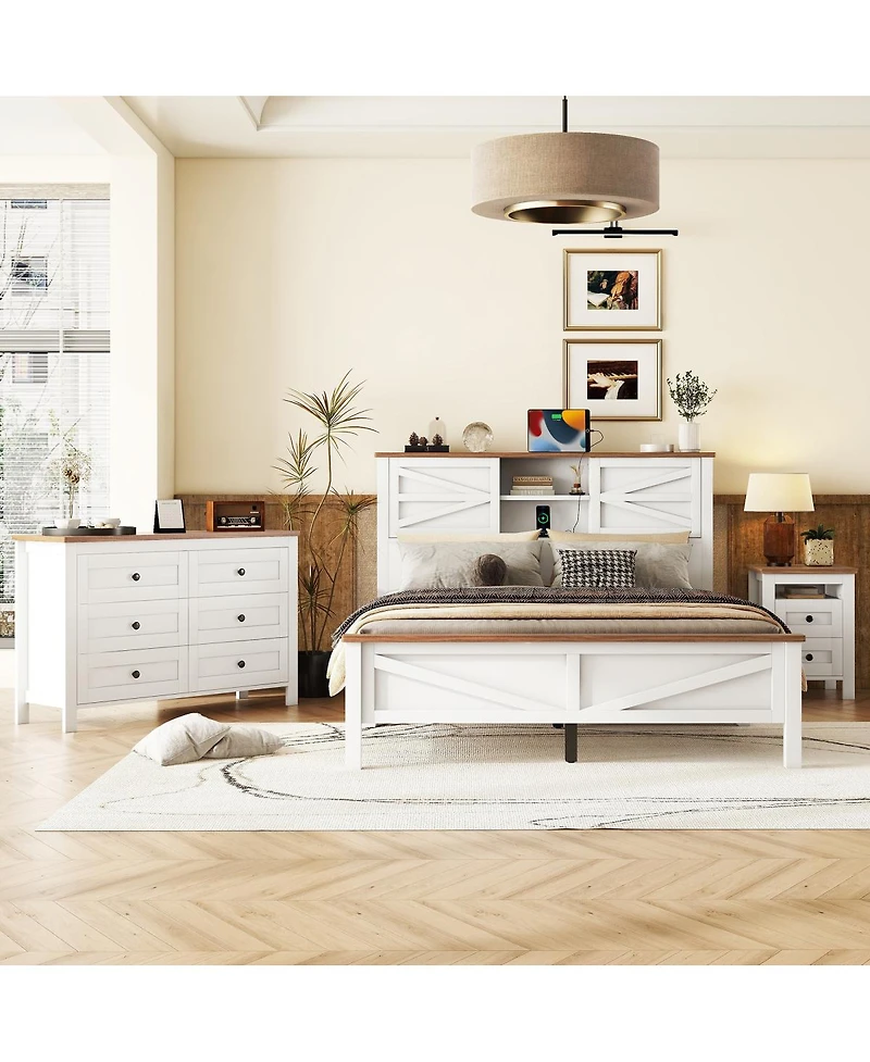 Streamdale Furniture 3-Piece Queen Farmhouse Bed Set w/ Storage Headboard, Nightstand & Dresser