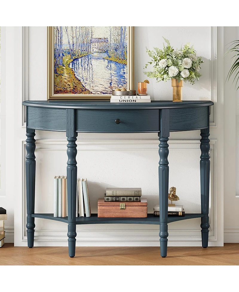 Streamdale Furniture Farmhouse Navy Half Moon Console Table with Drawer & Shelf